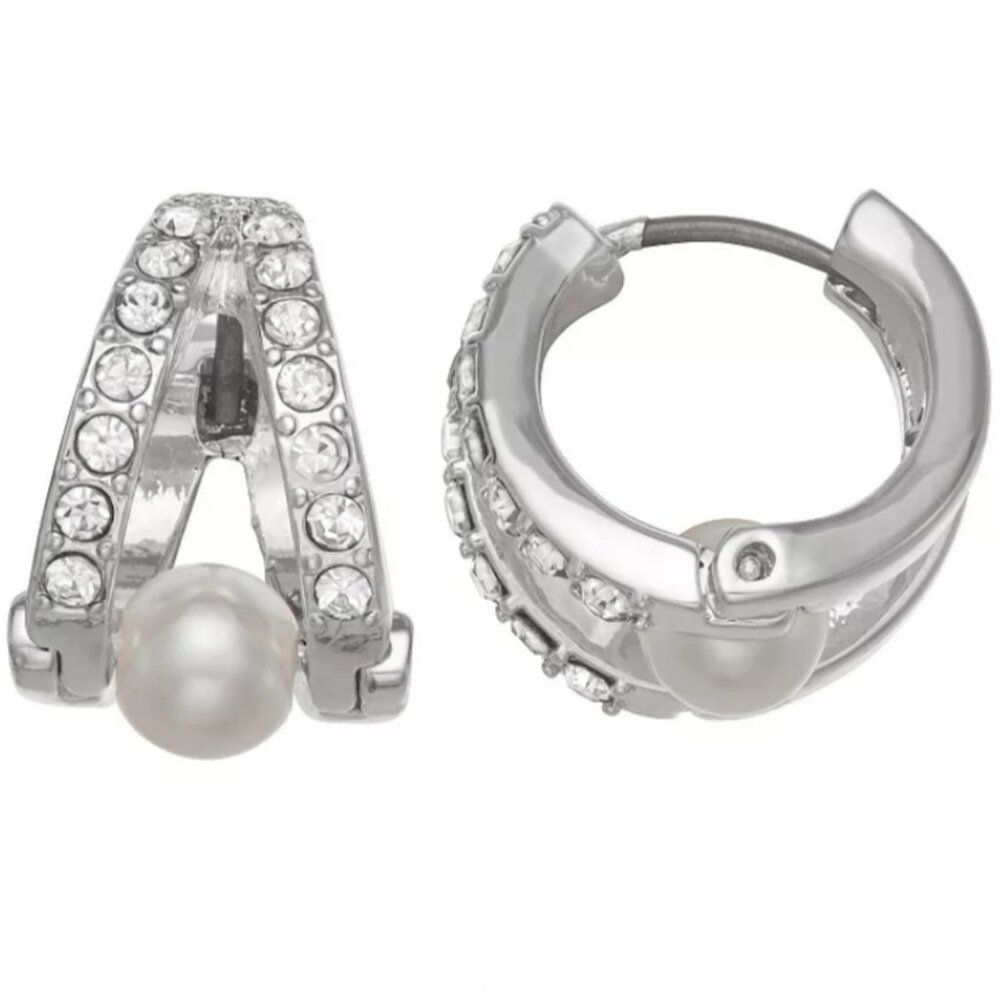You're Invited Simulated Pearl & Crystals Double Hoop Silver Tone Drop Earrings
